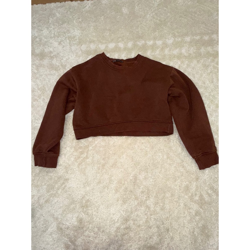 Zara Women Brown Cropped Sweatshirt Fleece Lined Crew Neck Pullover Size Small